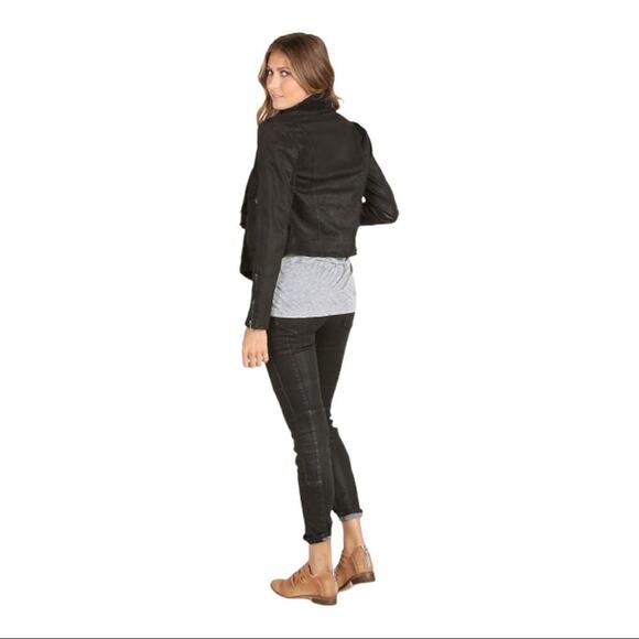 Free People Drape Front Coated Waxed Denim Moto Cropped Jacket Black Zip Cuffs 4 - Picture 3 of 14